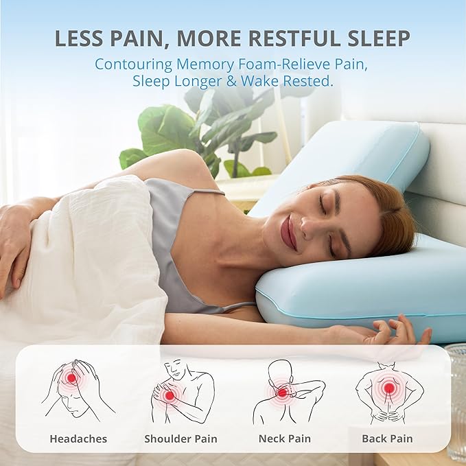 Cooling Pillow for Sleeping, Gel Memory Foam Pillow with Reversible Cover, Neck Support for Side, Back and Stomach Sleepers, Removable & Machine Washable Cover, Bed Pillows for Hot Sleepers, Blue