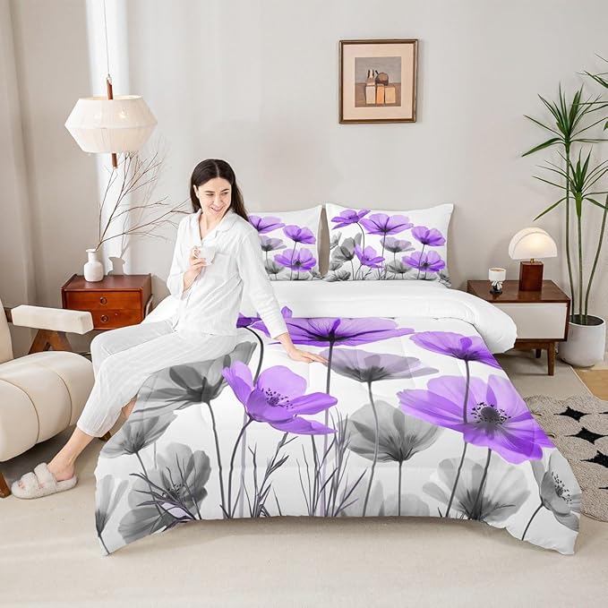 Erosebridal Purple Floral King Bedding Set,Purple and Gray Flower Comforter Set for Kids Girls Women,Vintage Flowers Quilt,Farmhouse Wildflower Bedroom Decor with 2 Pillowcases,Lightweight