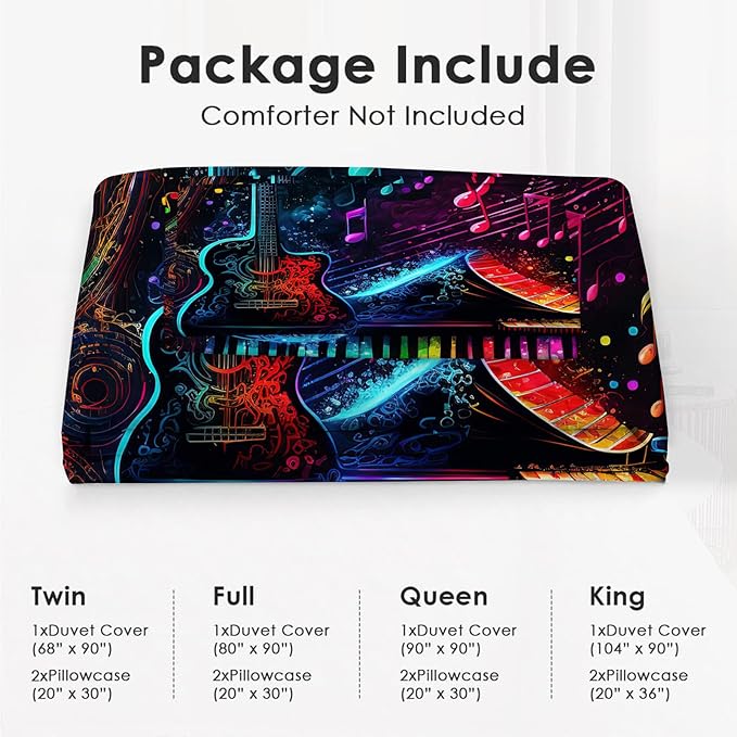 Music Guitar Piano Theme 3 Pieces Duvet Cover Comforter Set with 2 Pillowcase Queen Size Musical Instrument Bed Sheet Quilt Bedroom Bedding for Lover Kids