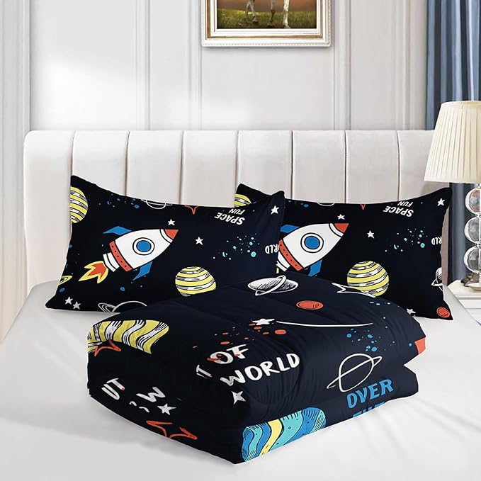 Space Rocket Comforter Set 3D Rocket Printed Bedding Set with 1 Comforter and 2 Pillowcases for Boys and Girls Bedroom All Season(Space-2 Queen)