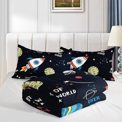 Space Rocket Comforter Set 3D Rocket Printed Bedding Set with 1 Comforter and 2 Pillowcases for Boys and Girls Bedroom All Season(Space-2 Full)