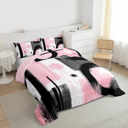 Feelyou Kids Abstract Art Comforter Set Full Size Geometric Bedding Set for Boys Girls Teens Bedroom Decor Geometric Pink Grey Black Comforter Women Men Modern Duvet Set with 2 Pillow Case