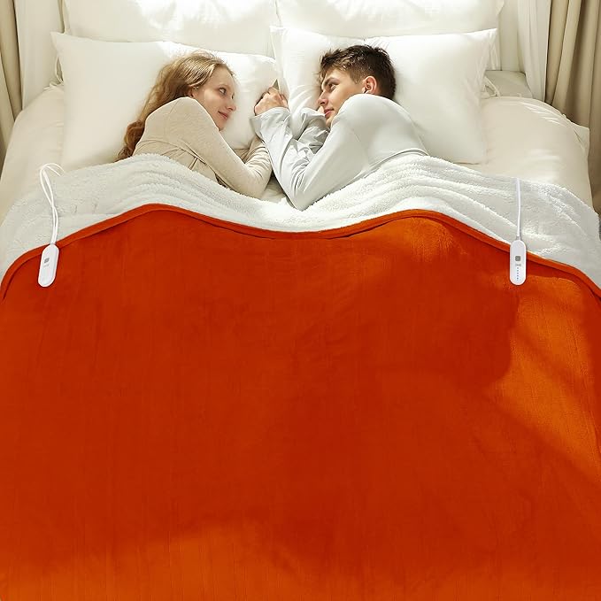 Electric Heated Blanket Queen Size 84"x90" - Flannel Sherpa Electric Blanket with Dual Control, 5 Heating Levels & 10 Hours Auto Off, Heated Blanket for Women with Overheat Protection(Orange)