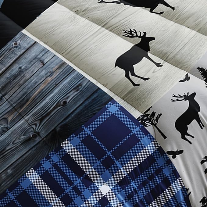 Snowy Forest Deer Comforter Set Full Size, 3-Piece Blue Vintage Animal Plaid Bedding Set for Kids Adults Bedroom, Hunting Wildlife Deer Tree Bedding Set with 2 Pillowcases & 2 Shams