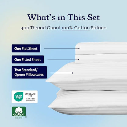 California Design Den Striped Queen Sheet Set - Soft 400 Thread Count Sateen, Natural 100% Cotton Sheets with Deep Pockets, and Durable Bedding Set - Striped White