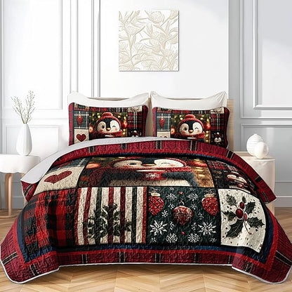 Cartoon Black White Penguin Quilts Bedding Queen 3Pcs Red Heart Snowflakes Bed Set Xmas Gift Patchwork Grid Pattern Bedspread Coverlet with 2 Pillowcases for Kid Boy Girl Teen Adult Room Decor