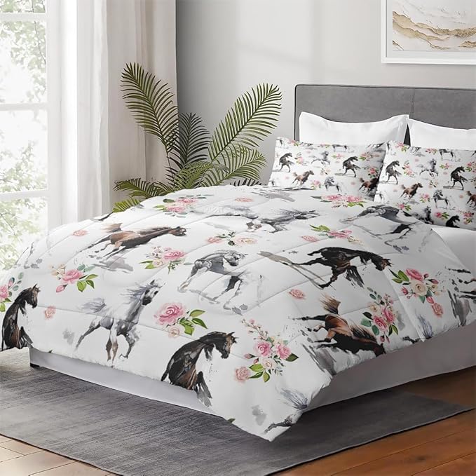 King Size Comforter Set with 2 Pillowcase, Horses Soft 3 Pcs Bedding for Kids and Adults, Pink Rose Flower Comforter Set for Room Bedroom Bed Decor