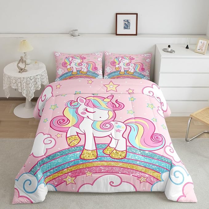 Feelyou Unicorn Bedding Full,Star Print Rainbow Kids Comforter Sets for Girls Comforter Set,Cute Animal Bedding Cute Unicorn Duvet Quilt,Rainbow Bedroom Decor
