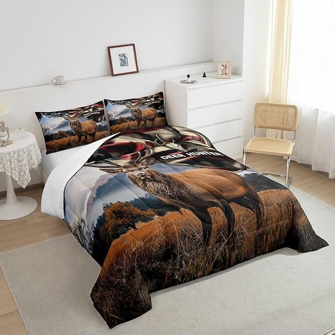 Deer Hunt Bedding Set Full Size American Flag Comforter Set 3pcs for Kids Boys Teens Men Bedroom Decor Skull Antlers Nature Animals Quilt Set Rustic Retro Duvet Insert,2 Pillowcases