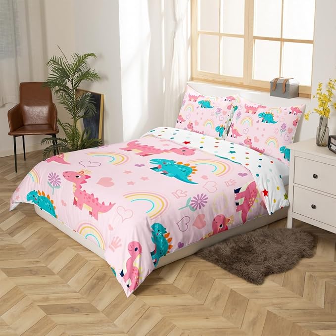 Lovely Dino Duvet Cover Set King Size,Cute Rainbow Floral Love Heart Reversible Quilt Cover with 2 Pillowcases,Pink Blue Dinosaur Kawaii Animal Microfiber Comforter Cover (Not Comforter)