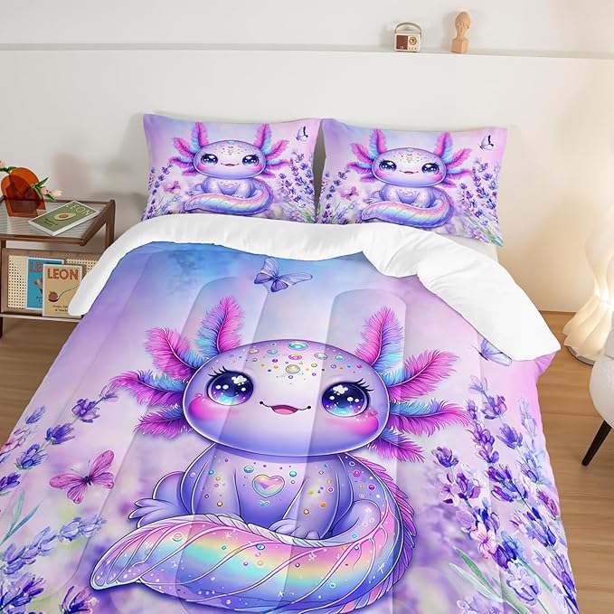 Cute Axolotl Comforter Sets Full Size,Blooming Lavender Butterfly Printed Bedding Set for Kids Girls Room Decor,Cartoon Ocean Animal Themed Comforter Sets with 2 Pillowcases.