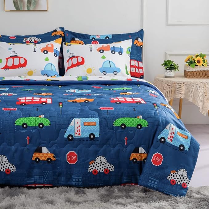 Wajade Cartoon Cars Comforter Set Bed in A Bag Queen Size Colorful Cars Bus Van Traffic Lights Bedding Set for Boys Kids (1 Comforter, 1 Flat Sheet, 1 Fitted Sheet, 2 Pillowcase and 2 Pillow Sham)