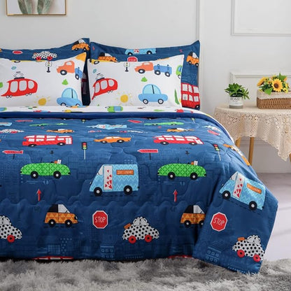 Wajade Cartoon Cars Comforter Set Bed in A Bag Queen Size Colorful Cars Bus Van Traffic Lights Bedding Set for Boys Kids (1 Comforter, 1 Flat Sheet, 1 Fitted Sheet, 2 Pillowcase and 2 Pillow Sham)