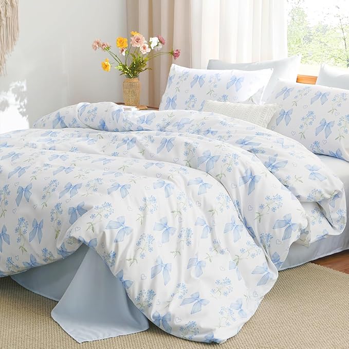 Blue Bow Duvet Cover King 3Pcs Girls Floral Duvet Cover Set, Cute Romantic Princess Style Bowknot Bedding Set Soft Microfiber Garden Flower Bedding with 2 Pillowcases(No Comforter)