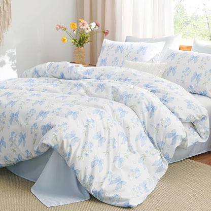 Blue Bow Duvet Cover King 3Pcs Girls Floral Duvet Cover Set, Cute Romantic Princess Style Bowknot Bedding Set Soft Microfiber Garden Flower Bedding with 2 Pillowcases(No Comforter)