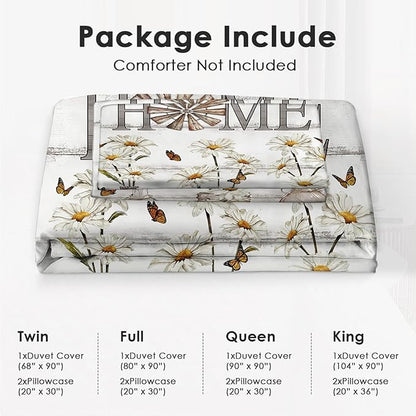 Daisy Flower Theme 3 Pieces Duvet Cover Comforter Set with 2 Pillowcase Queen Size White Floral Bed Sheet Quilt Bedroom Bedding for Lover Kids