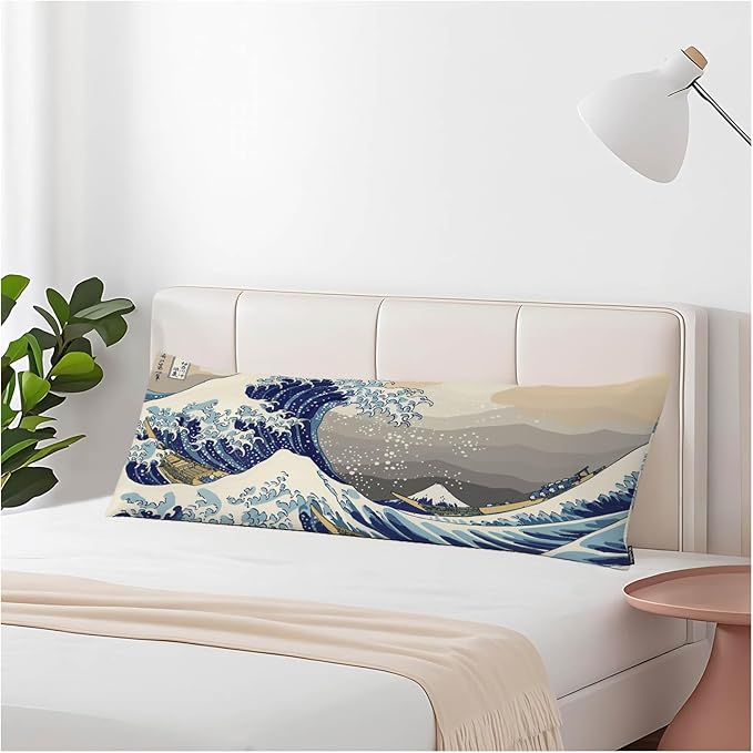 20x54 Body Pillow Cover Japanese Waves Zipper Body Pillowcase The Great Wave of Kanagawa Retro Side Sleeper Pillow Covers Body Pillow Cushion Cover for Men Women Home Bedroom