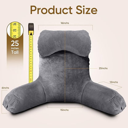 Reading Pillow for Sitting in Bed Adult, Bed Pillow with Shredded Memory Foam, 25''H Pillow with Detachable Neck Roll, Washable Cover, Back Pillow Sitting Up with Extend Arms, Gery