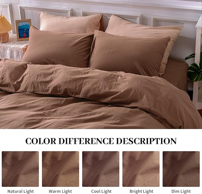 NEXHOME PRO Duvet Cover Set 100% Washed Cotton Super King 108"x98", Organic Natural Linen Look Textured 3 Pieces Bedding Set Mocha Brown with Zipper Closure, Breathable (No Comforter)