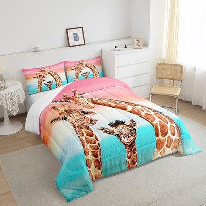 Feelyou Giraffe Comforter Set Safari Giraffe Family Bedding Set for Kids Boys Adults Youth Colorful Geometric Stripe Decor Duvet Set Wild Animal Quilt Set with 2 Pillowcases 3Pcs Bedding Full