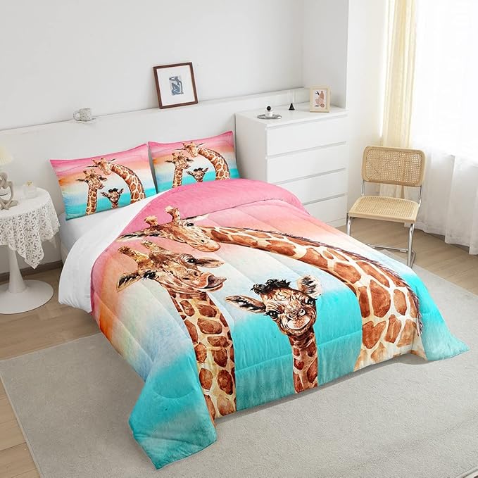 Feelyou Giraffe Comforter Set Safari Giraffe Family Bedding Set for Kids Boys Adults Youth Colorful Geometric Stripe Decor Duvet Set Wild Animal Quilt Set with 2 Pillowcases 3Pcs Bedding Queen