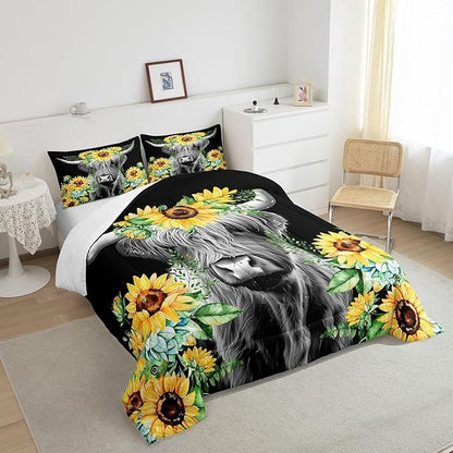 Feelyou Highland Cow Bedding Set Kids Sunflower Floral Western Cow Bull Comforter Set for Girls Teens Farmhouse Wildlife Animal Comforter Black Duvet Set Room Decor Quilt Set Toddler Size