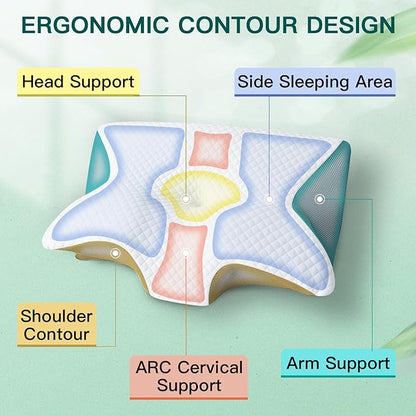 Memory Foam Cervical Pillow, 2-in-1 Ergonomic Neck Support Pillow with Armrest & Ear Hole, Contour Orthopedic Bed Pillow for Pain Relief, Adjustable Height for Side, Back & Stomach Sleepers