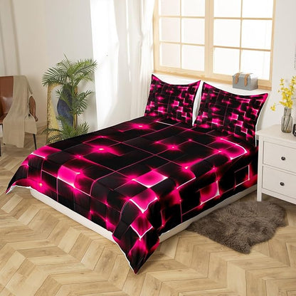 Castle Fairy Geometric Duvet Cover Set Full Size,3D Abstract Modern Square Grid Print Comforter Cover with 2 Pillowcases,Shiny Pink Neon Light Black Breathable Bedspread for Boys Teens