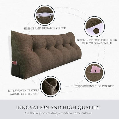 Wedge Headboard Pillow Dorm Room Reading Pillow Back Support for Sitting Up in Bed Bolster Lumbar Cushion Body Positioning Bedrest Cotton Linen 54in Coffee Full