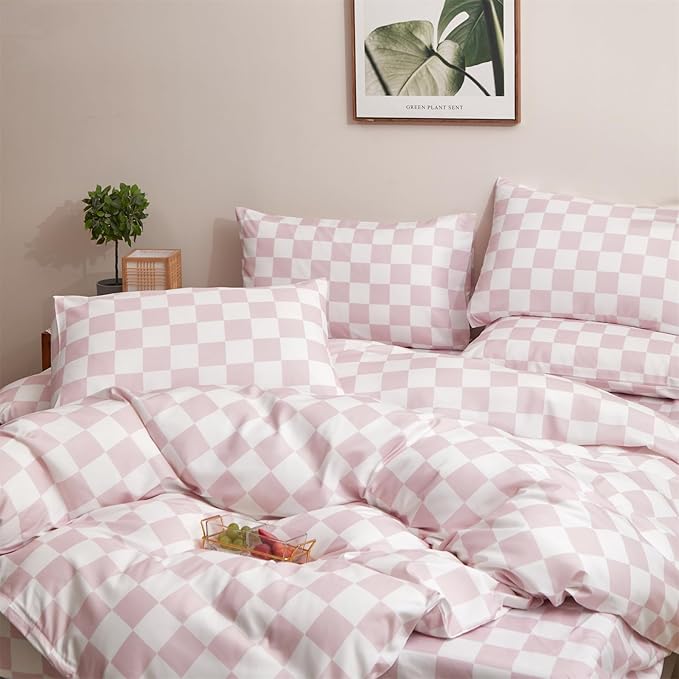 Wellboo Pink White Plaid Comforter Sets Full Women Men Bean Pink and White Checkerboard Grid Bedding Comforters Cotton Boys Girls Modern Dusty Pink Checkered Geometric Quilts Luxury Abstract Bed