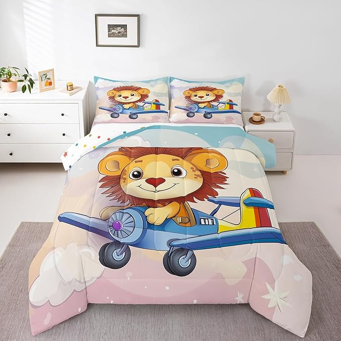 Kawaii Lion Comforter Set Queen Size Cartoon Aircraft Bedding Set Bedroom Decor Cute Wildlife Animal Quilt Set for Kids Boys Girls Pastel Clouds Sky Duvet Insert 3Pcs