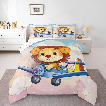 Kawaii Lion Comforter Set Full Size Cartoon Aircraft Bedding Set Bedroom Decor Cute Wildlife Animal Quilt Set for Kids Boys Girls Pastel Clouds Sky Duvet Insert 3Pcs