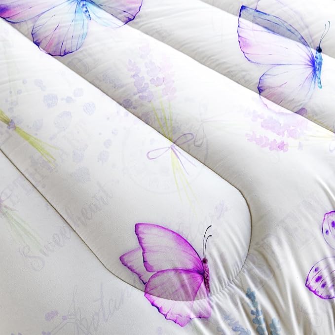 Butterfly Comforter Set Queen Size for Girls Kids Adults Lavender Flowers Pattern Bedding Set Aesthetics Butterflies Quilt Bed Set with 1 Comforter and 2 Pillowcases