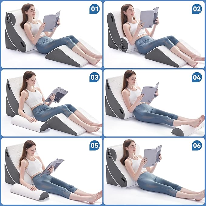 Wedge Pillow Set for After Surgery, 4 PCS Bed Wedge Pillow for Sleeping, Memory Foam Orthopedic Back Pillow for Pain Relief and Acid Reflux, Adjustable Post Surgery Pillow Grey