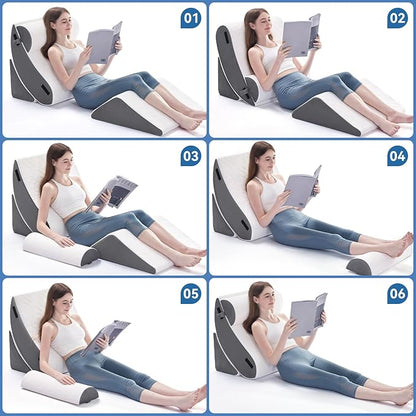 Wedge Pillow Set for After Surgery, 4 PCS Bed Wedge Pillow for Sleeping, Memory Foam Orthopedic Back Pillow for Pain Relief and Acid Reflux, Adjustable Post Surgery Pillow Grey