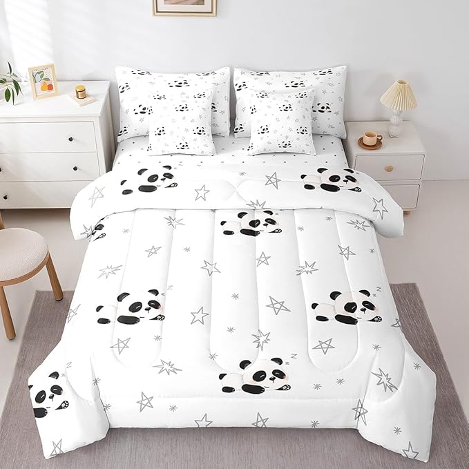Feelyou Cartoon Comforter Set with Sheets 7 Piece Queen Size Kids Cute Animal Bed in a Bag for Boys Girls Kawaii Bedding Set Breathable Panda Bear Printed Black White Bed Set Room Decor