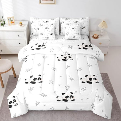 Feelyou Cartoon Comforter Set with Sheets 7 Piece Queen Size Kids Cute Animal Bed in a Bag for Boys Girls Kawaii Bedding Set Breathable Panda Bear Printed Black White Bed Set Room Decor