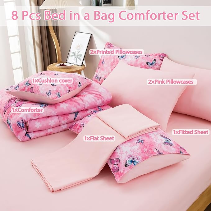 Butterfly Comforter Set Full Size 8 Piece Bed in A Bag Colorful Flowers Leaves Bedding Set for Kids Teens Super Soft All Season - Pink