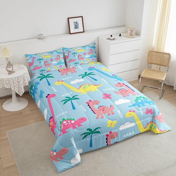 Cute Dino Kids Comforter Set Queen Size,Cartoon Dinosaur Kawaii Wildlife Reversible Bedding Set for Adult,Lovely Cloud Butterflies Blue Luxury Bed Duvet Insert,2 Pillowcases