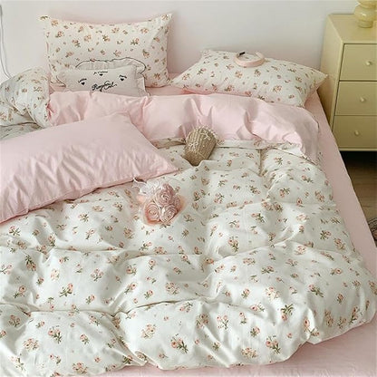 Pink Floral Duvet Cover Queen Size Romantic Flower Green Botanical Bedding Set 3Pcs Kids Girls Spring Garden Aesthetic Flowers Soft Breathable Microfiber Comforter Cover with 2 Pillowcases
