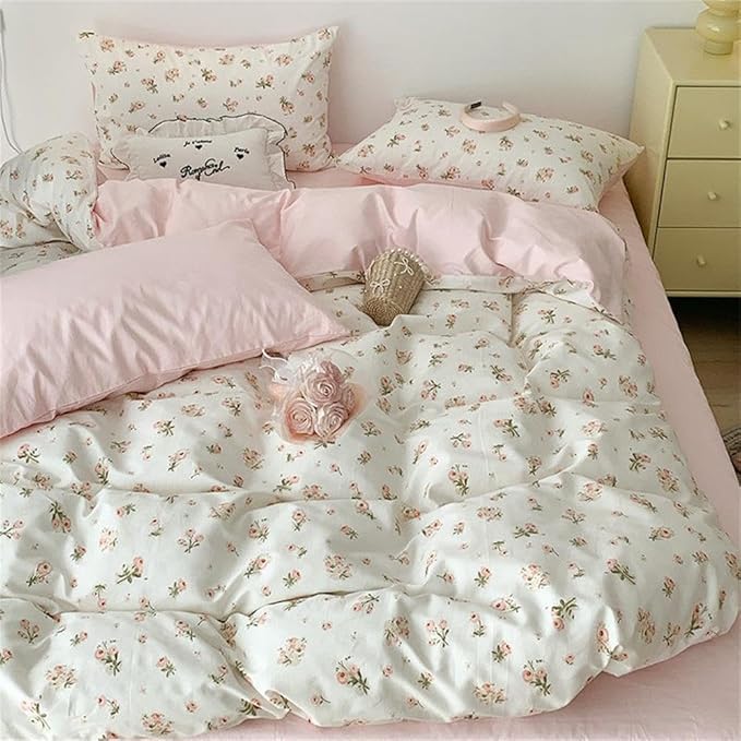 Pink Floral Duvet Cover King Size Romantic Flower Green Botanical Bedding Set 3Pcs Kids Boys Girls Spring Garden Aesthetic Flowers Soft Breathable Microfiber Comforter Cover with 2 Pillowcases