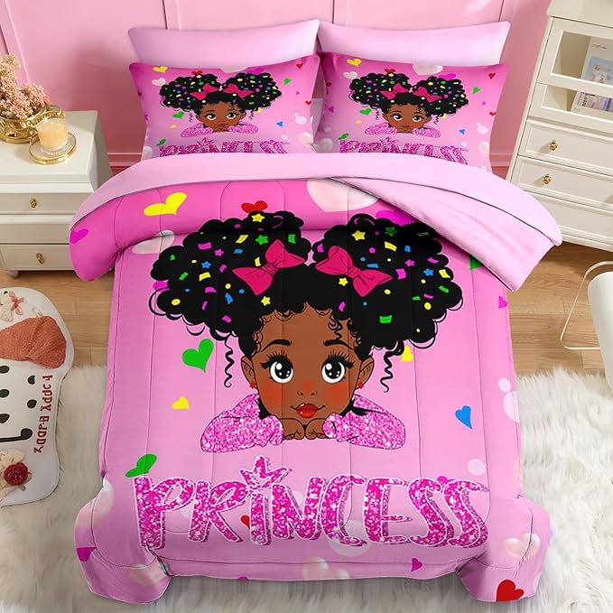 Nesker 7 Pcs Comforter Set Queen Size, Pink Princess Bedding for Kids Teen, Cute Fairy Fantasy Girl with Fitted Sheet 2 Pillowcases & 2 Shams for Bedroom Bed Decor