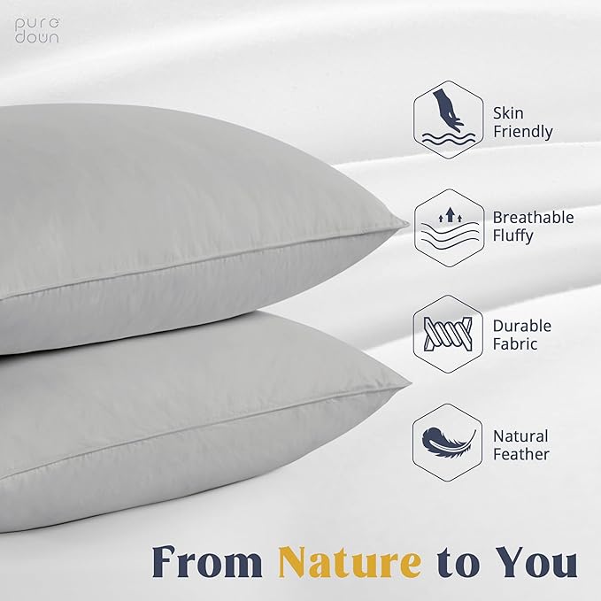puredown Goose Feathers Down Pillows - Queen Size Bed Sleeping Hotel Collection Pillows Set of 2 with 100% Cotton Cover, Grey