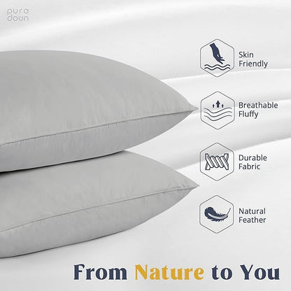 puredown Goose Feathers Down Pillows - Queen Size Bed Sleeping Hotel Collection Pillows Set of 2 with 100% Cotton Cover, Grey