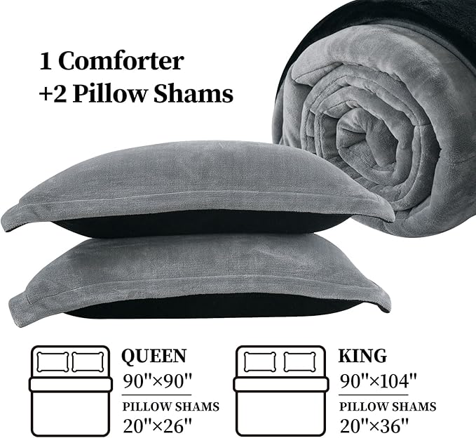 Petrichor Velvet Flannel King Comforter Set- Gray and Black Blanket,Luxury Fuzzy Heavy Bedding Set, 3 Pieces Plush Winter Bed Set with Comforter (90"x104") & 2 Pillow Shams (20"x36")