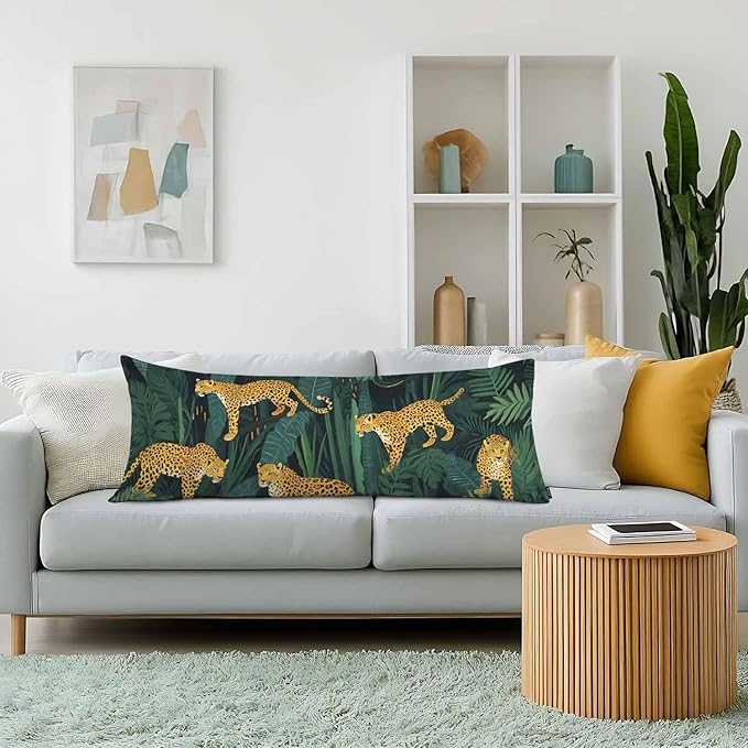 Leopard Body Pillows Covers for Adults, Wildlife Leopards Tropical Leaves Body Pillow Covers Lumbar Body Pillow Case 20"X54" Body Pillowcase Cushion Cover for Home Bedroom Office Hotel