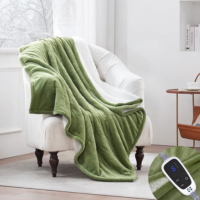 Sealy Heated Throw Blanket, Flannel & Sherpa Electric Throw with 6 Heat Setting & 2-10 Hours Auto Shut Off, Fast Heating & Machine Washable, 50x60 Inch, Green