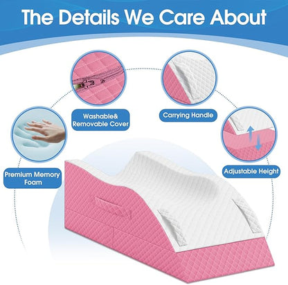 Elevation Pillows for Leg After Surgery, Memory Foam Adjustable Wedge Pillow for Injury or Rest, Ankle Pillow for Sleeping Blood Circulation Pink/Single Leg