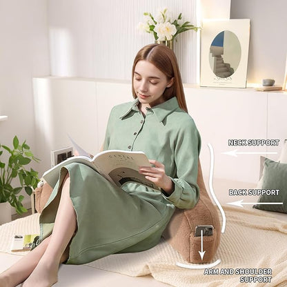 Reading Pillow for Sitting in Bed, Large Backrest Reading Pillow with Arm Rest,Back-Rest Support Cushion for Sit Up on Couch, Sofa, and Floor, Dorm Essentials (Khaki Faux Fur, Standard(17"))