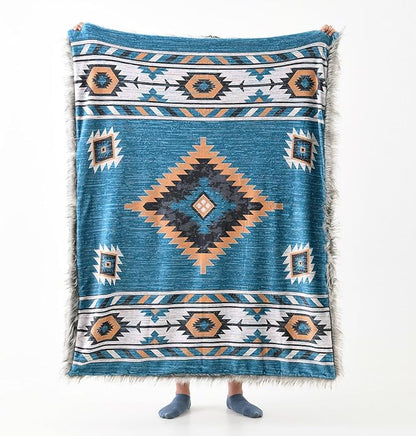 Luxury Plush Faux Fur Throw Blanket with Aztec Pattern, Super Warm, Fuzzy, Elegant, Fluffy Decoration Blanket for Couch, Armchair, Sofa and Bed, 50''x 60'', Teal